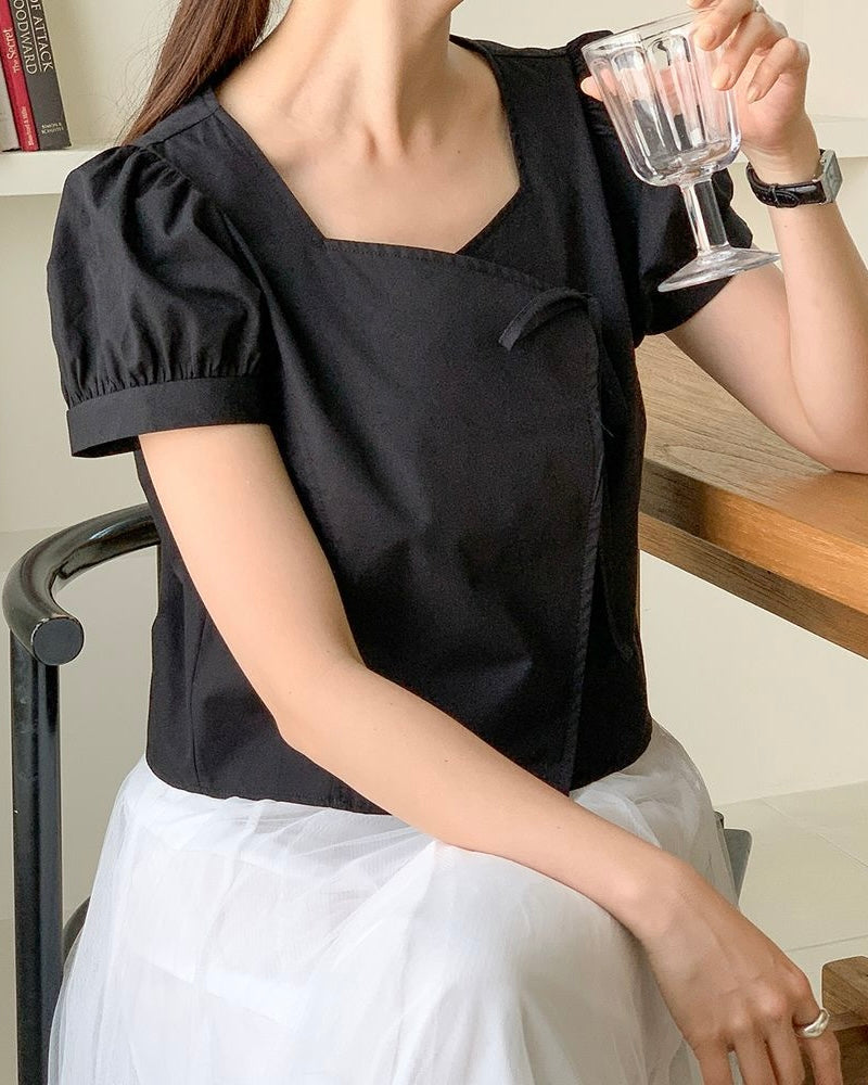 Heart-Neck Ribbon Cotton Blouse