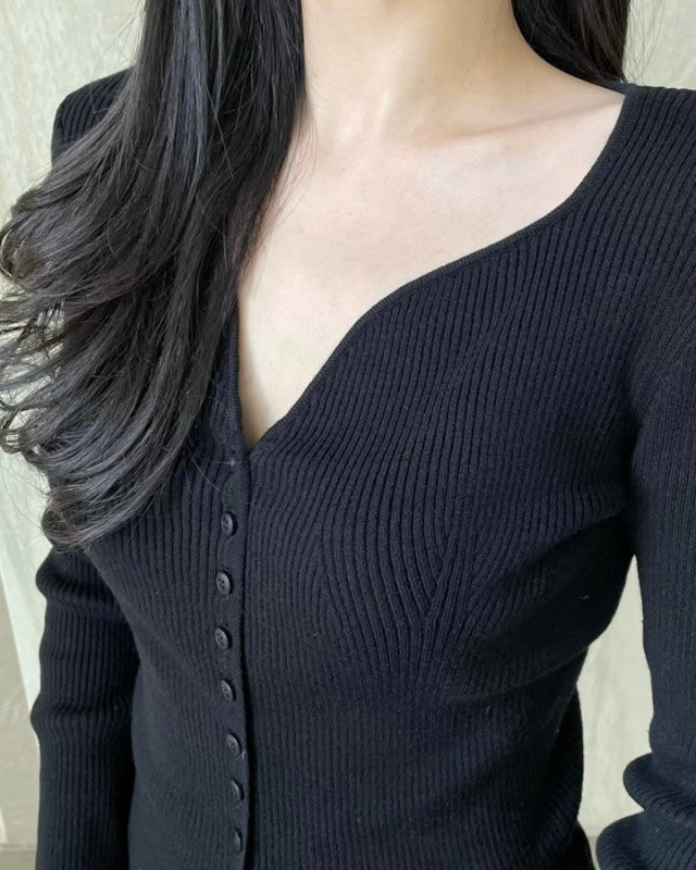 Heart-Neck Ribbed Knit Top