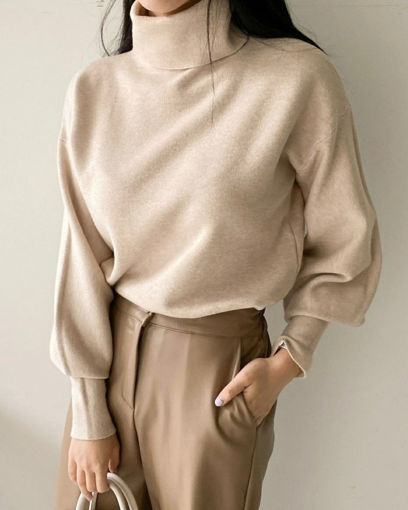 Puff Slaave Knitted Turtle-Neck