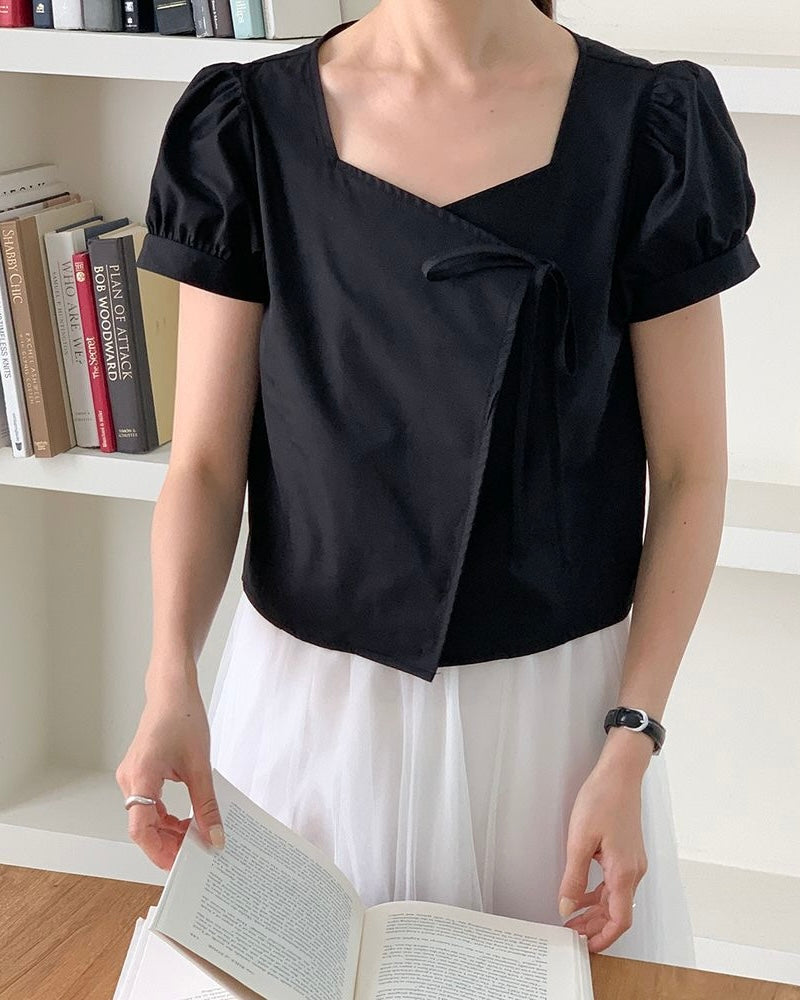 Heart-Neck Ribbon Cotton Blouse