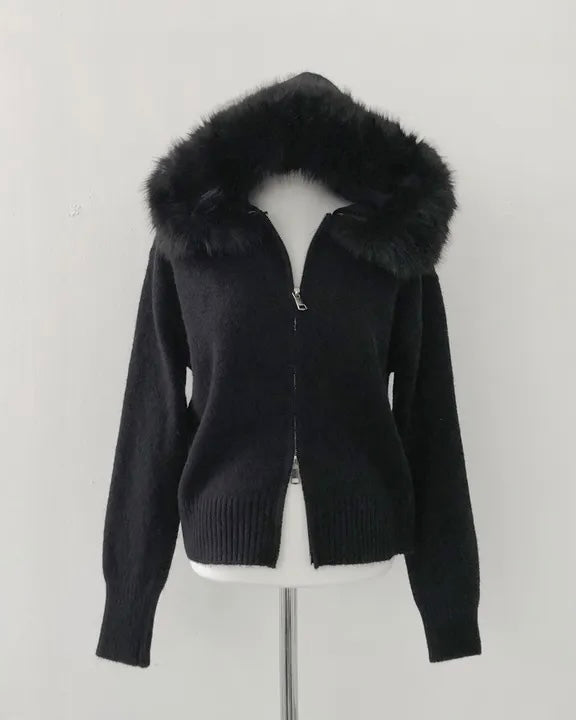 Fur Hoodie Knit Zip-Up