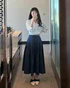 Navy Pleats Long Skirt