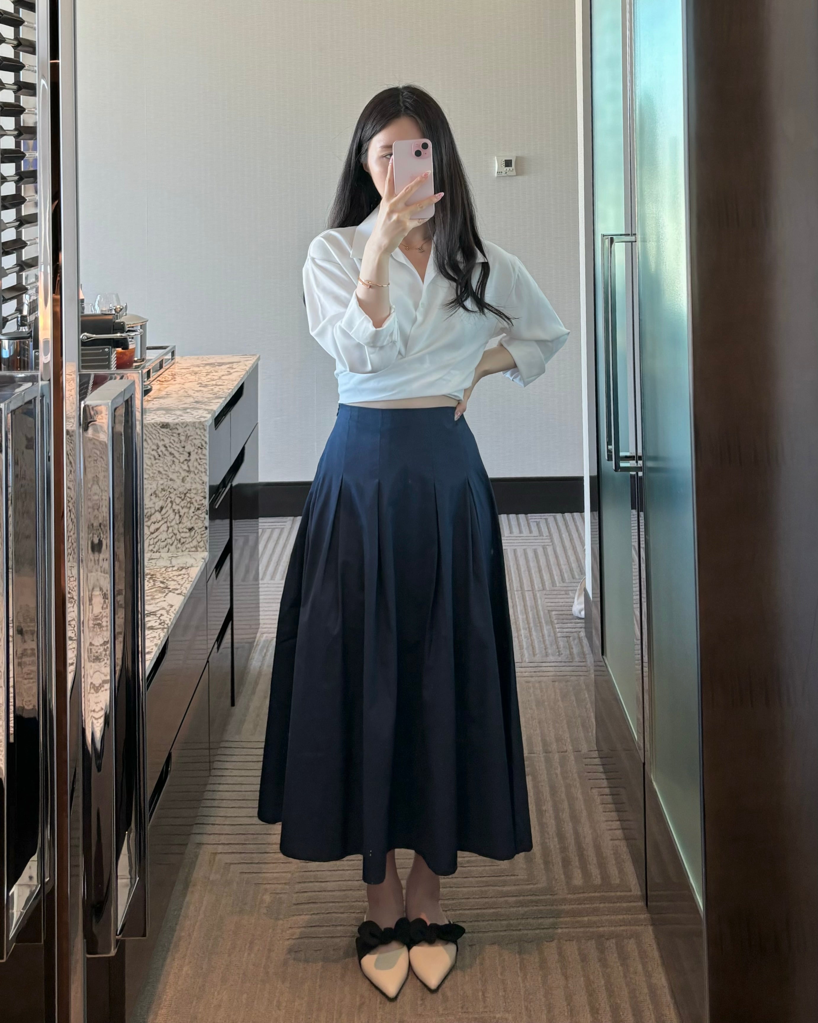 Navy Pleats Long Skirt
