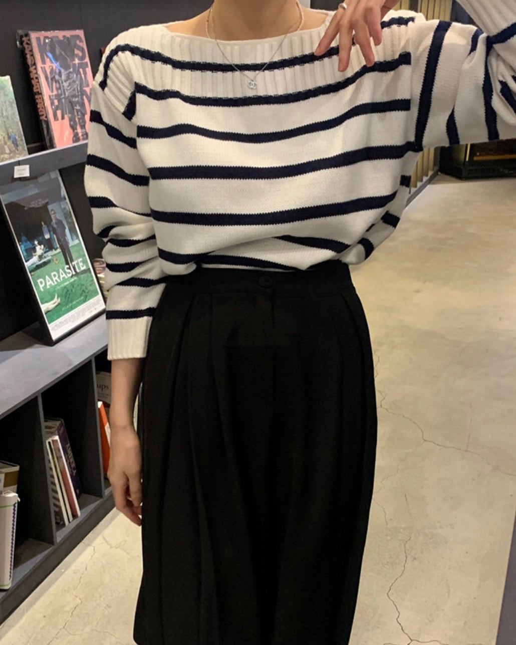 Striped Boat-neck Knit Top