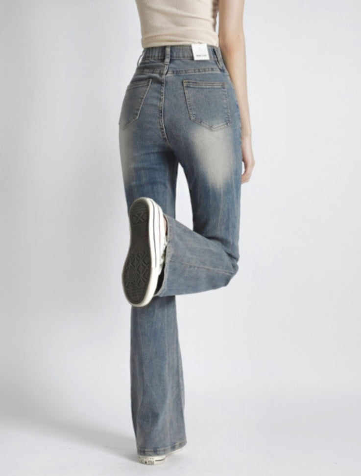 [Short/Long] Vintage Wash Stretchy Semi-Flared Jeans
