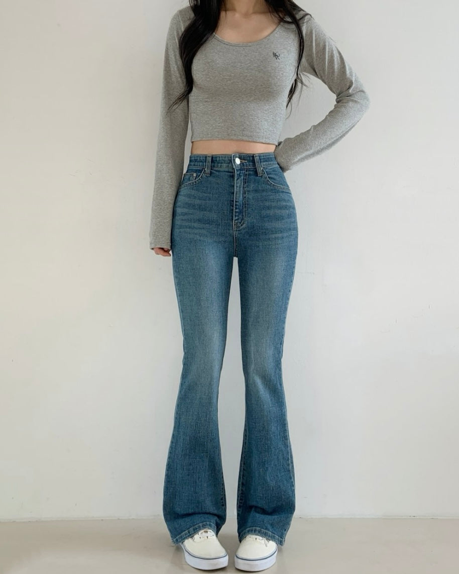 [S,M,L] Tunnel Waistband Stretchy Flared Denim Pants