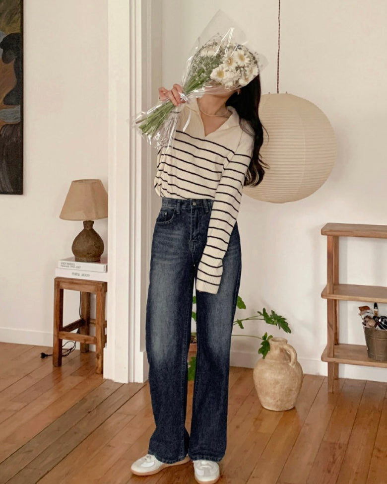 Collar Striped Knit Top