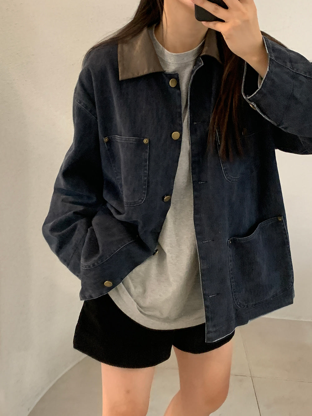 Leather Collar Denim Jacket
