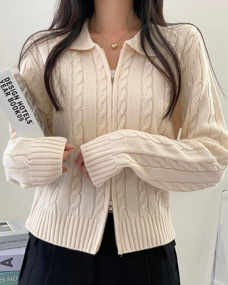 Cable Knit Zip-Up Cardigan