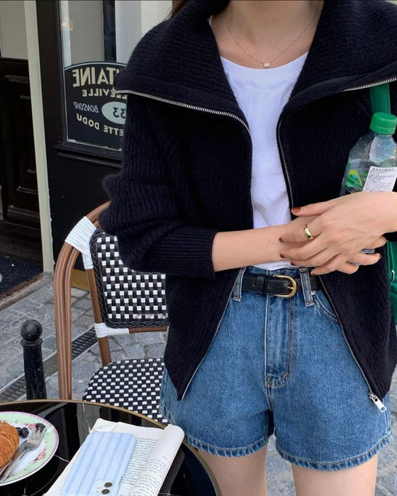 Sailor Collar Knitted Zip-Up