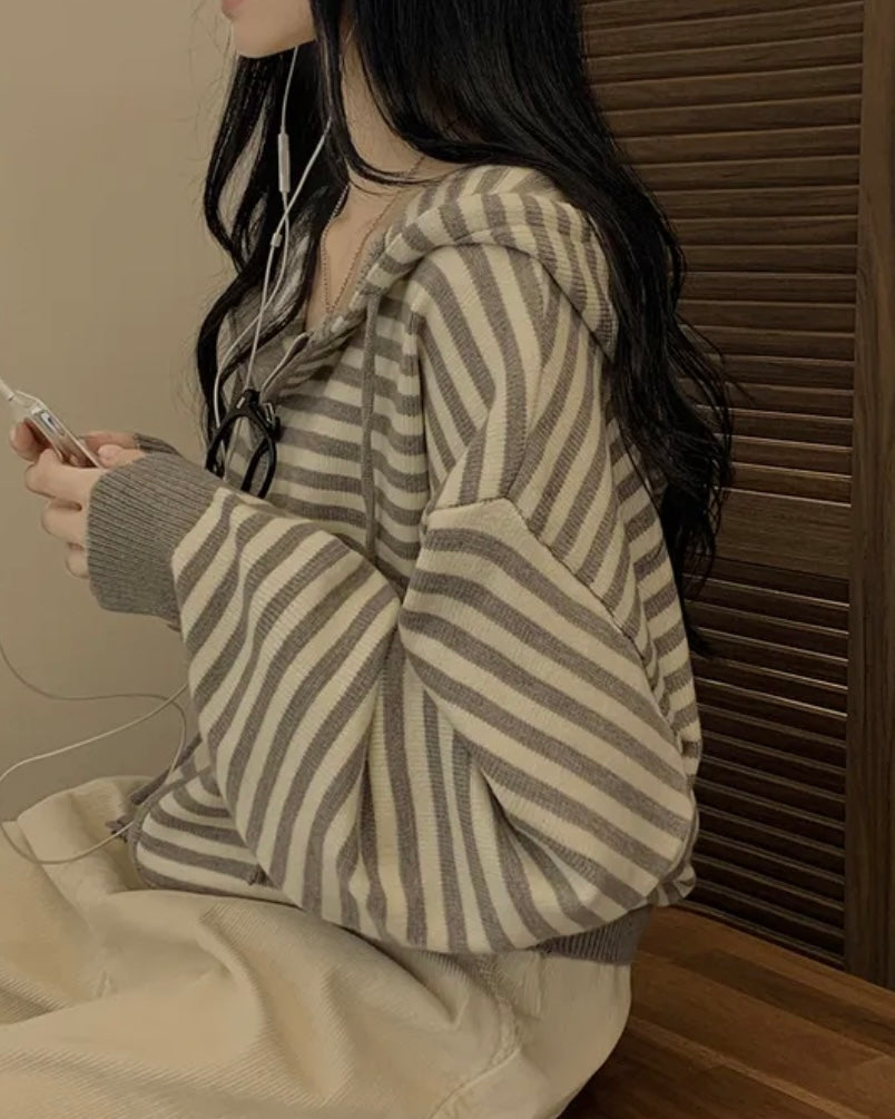 Peach Striped Hoodie Zip-Up