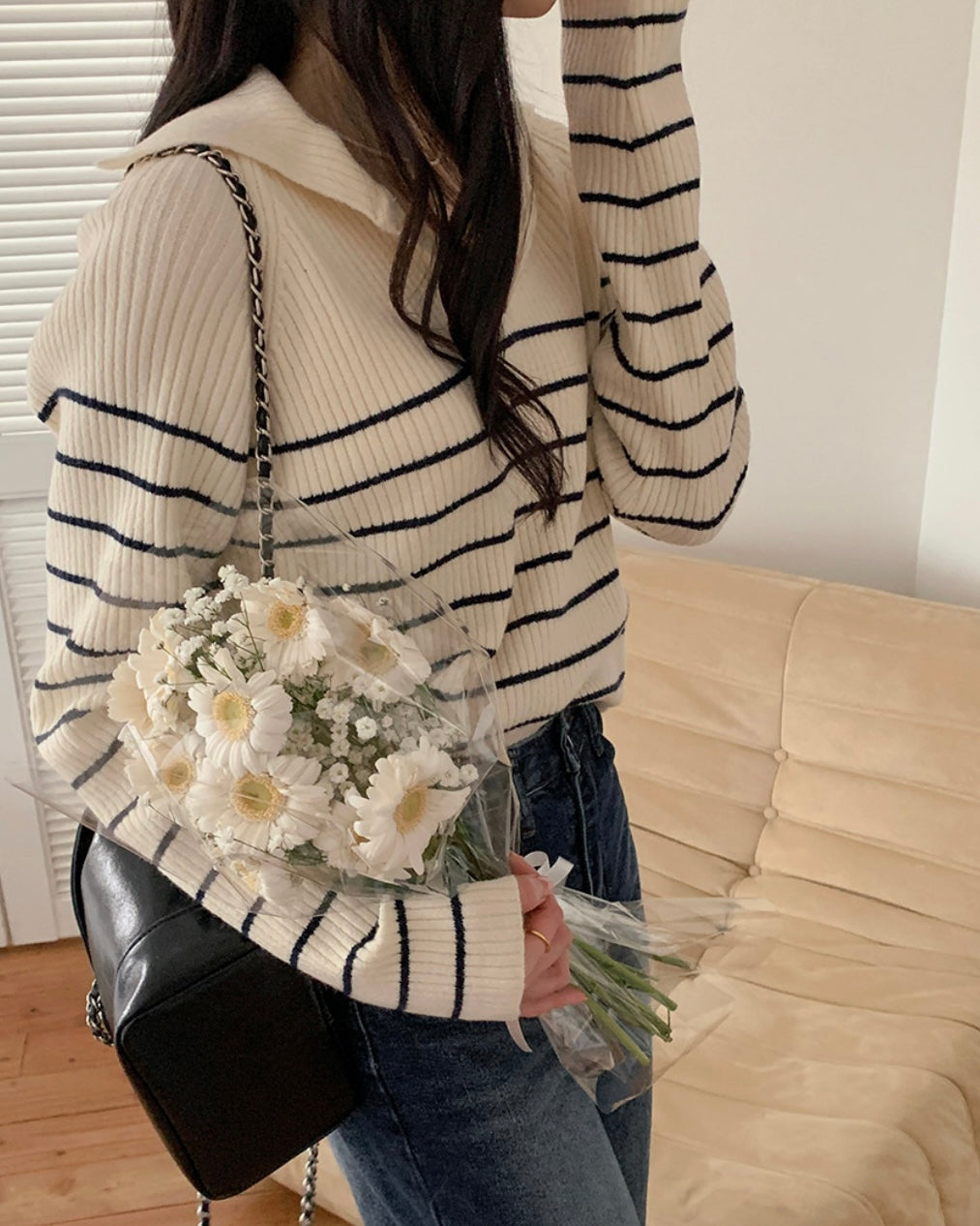 Collar Striped Knit Top