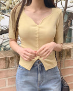 Heart-Neck Button Half-Sleeve Cardigan