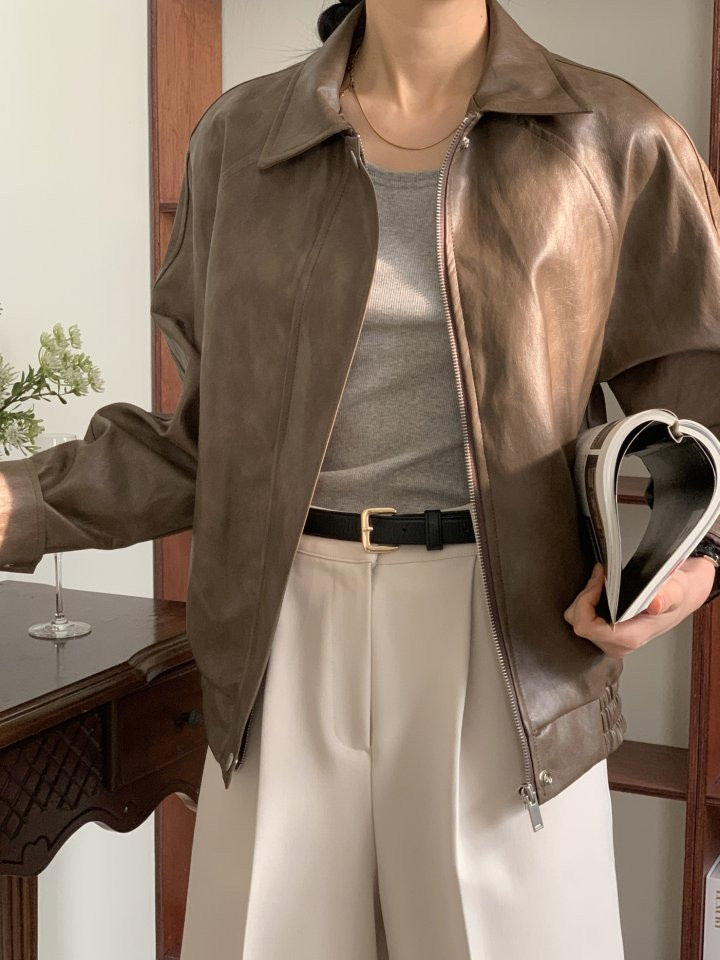 Premium Crackle Leather Blouson