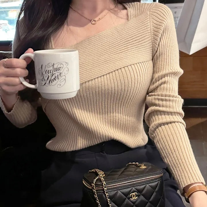 Oblique Ribbed Knit Top