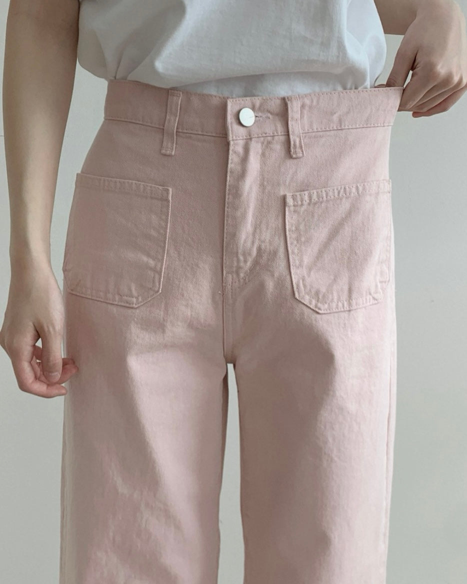 Pocket Back-Band Wide Cotton Pants
