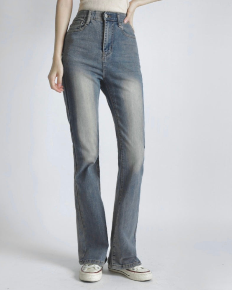 [Short/Long] Vintage Wash Stretchy Semi-Flared Jeans