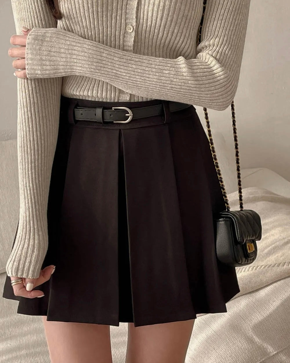 [S,M] A Pleats Belt Skirt Set