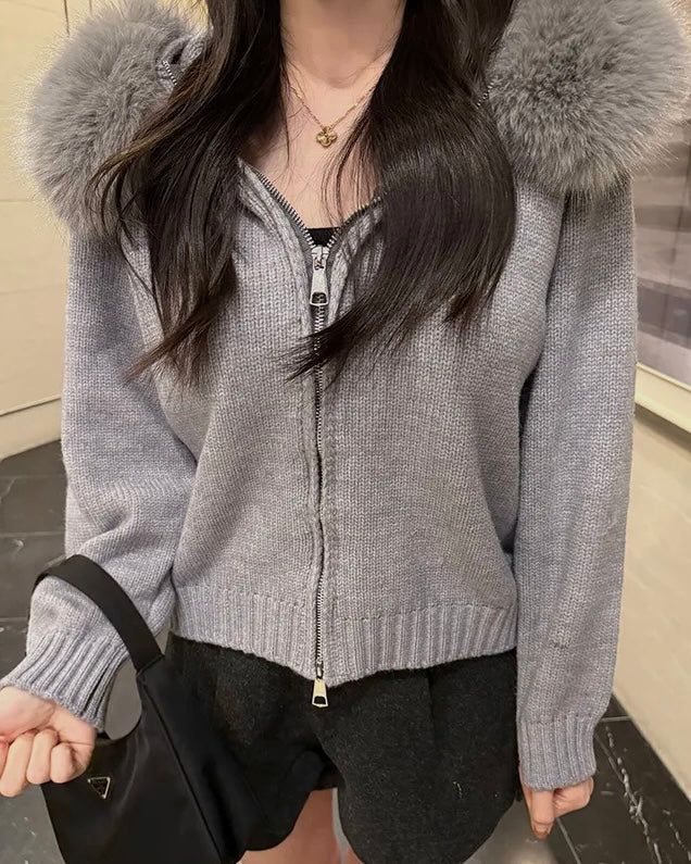 Fur Hoodie Knit Zip-Up
