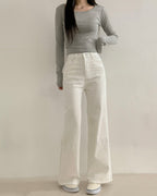 [S,M,L] High-Waist Stretchy Flared Cotton Pants