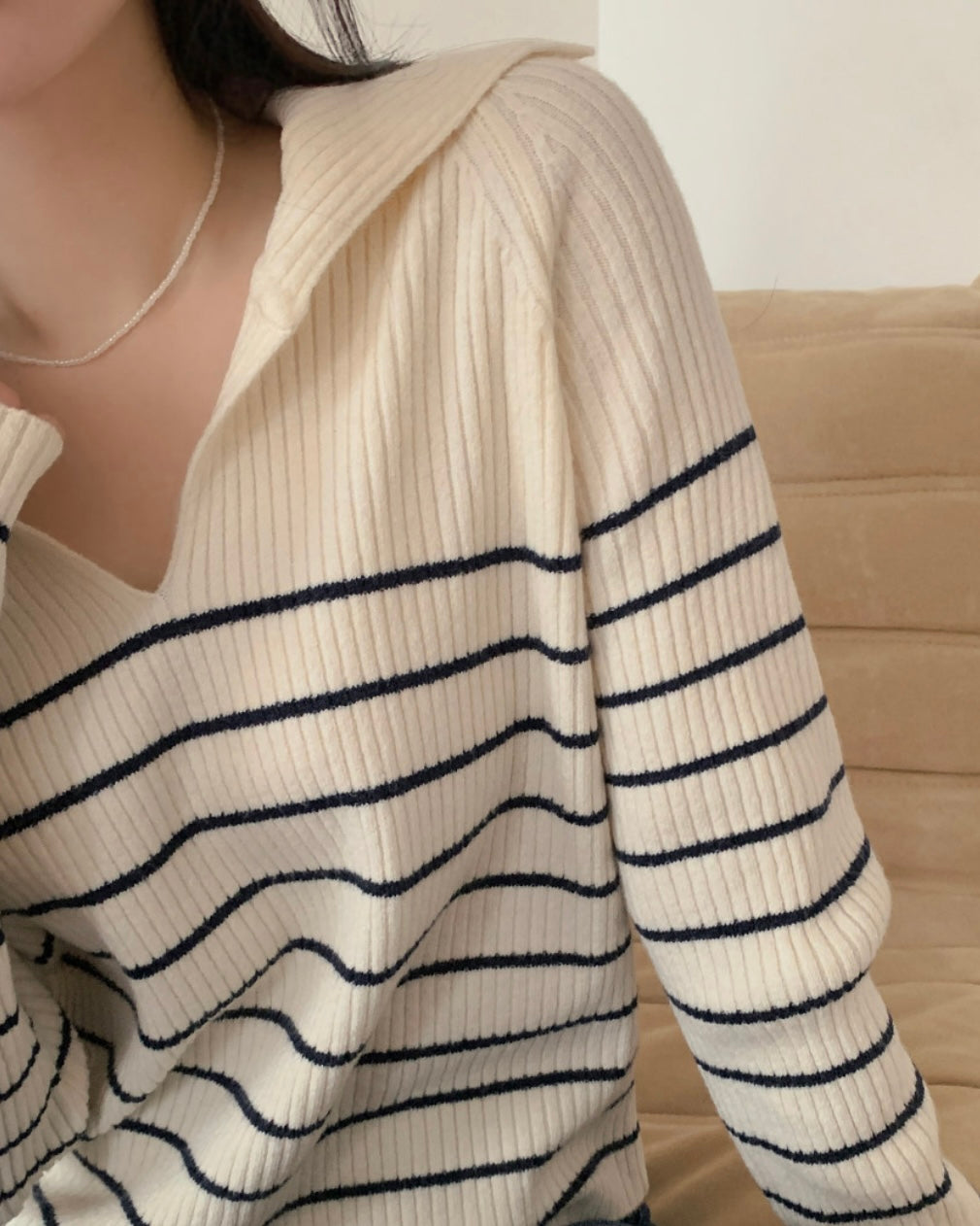 Collar Striped Knit Top