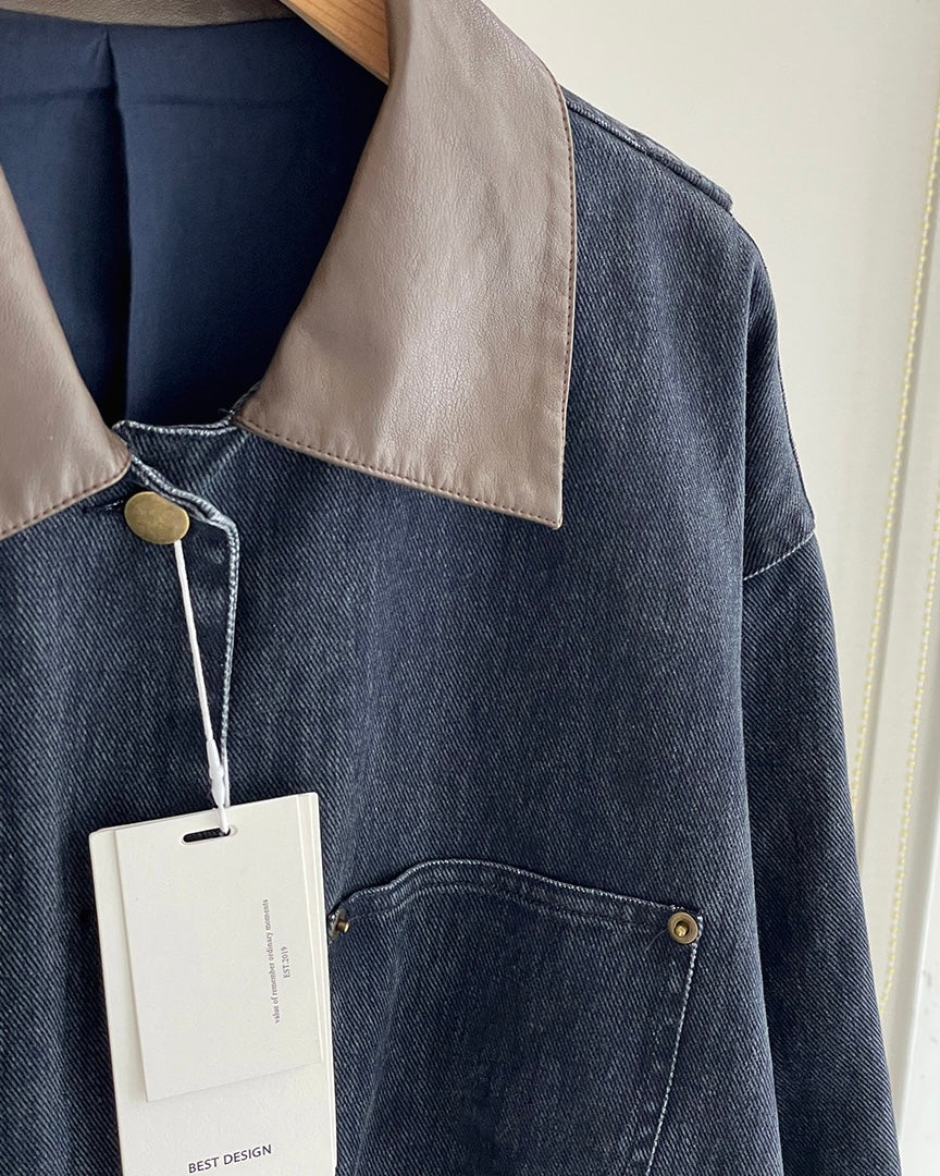 Leather Collar Denim Jacket