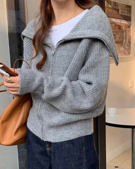 Sailor Collar Knitted Zip-Up