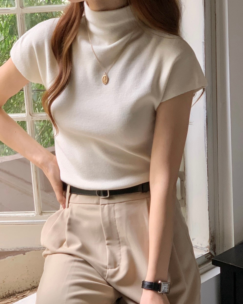 Salmon Half Turtleneck Knit Top