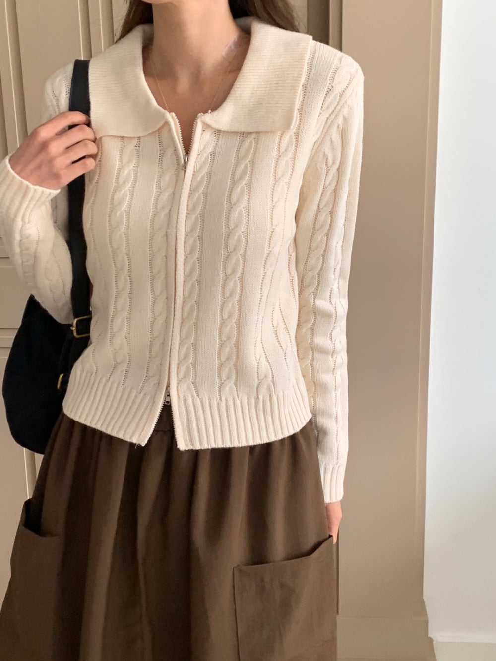 Cable Knit Zip-Up Cardigan