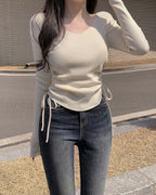Ribbed Shirring V-Neck Top