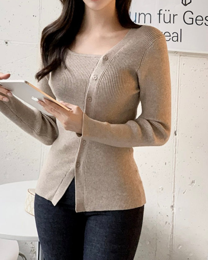 Oblique Buttons Ribbed Knit
