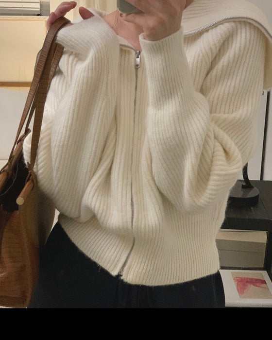 Sailor Collar Knitted Zip-Up