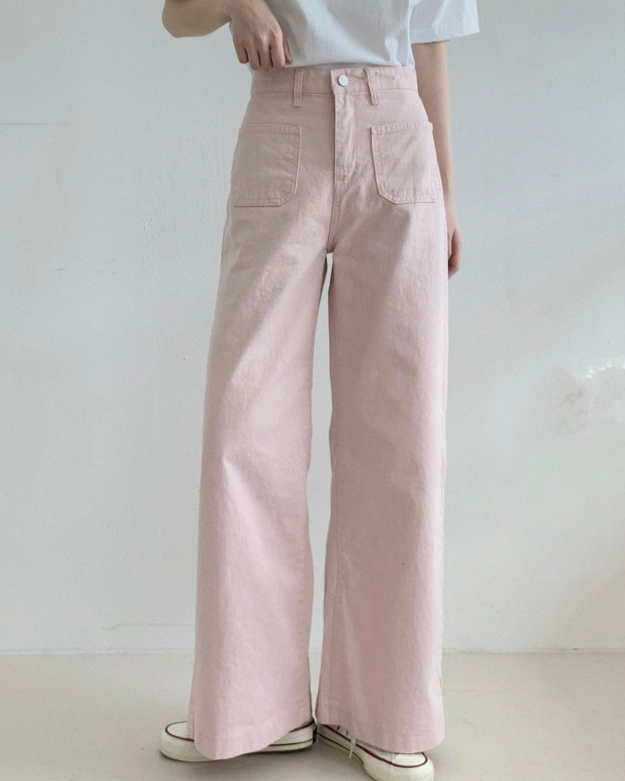 Pocket Back-Band Wide Cotton Pants