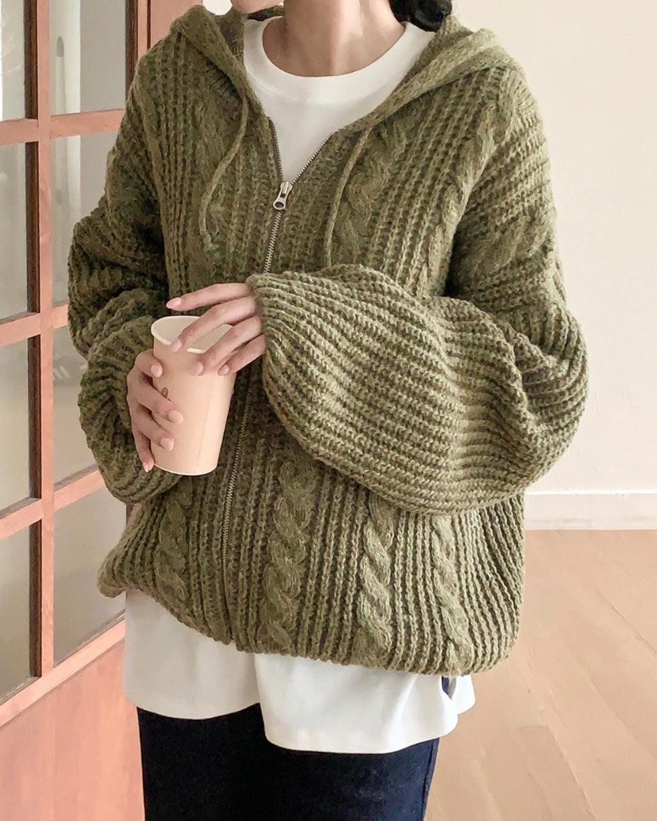 Hoodie Cable Knit Zip-Up