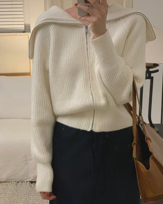 Sailor Collar Knitted Zip-Up