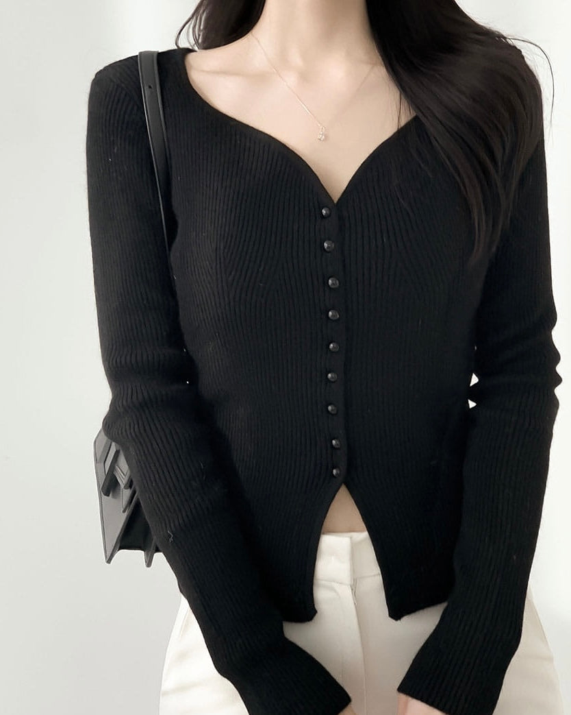 Heart-Neck Ribbed Knit Top