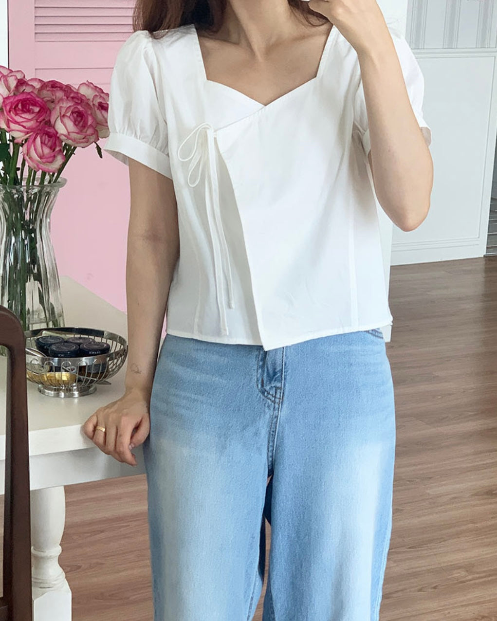 Heart-Neck Ribbon Cotton Blouse