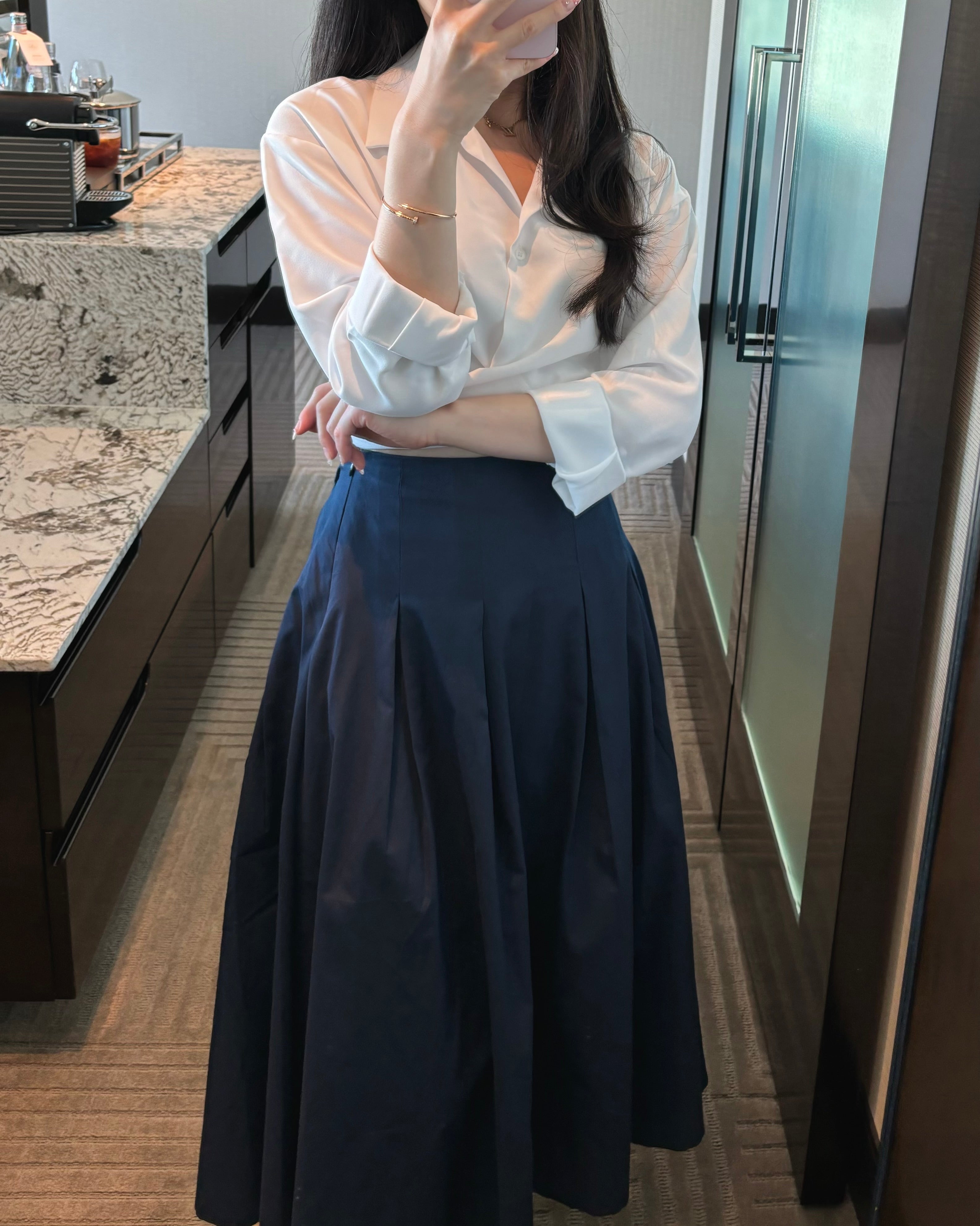 Navy Pleats Long Skirt
