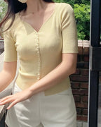 Heart-Neck Button Half-Sleeve Cardigan