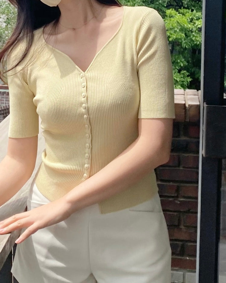 Heart-Neck Button Half-Sleeve Cardigan