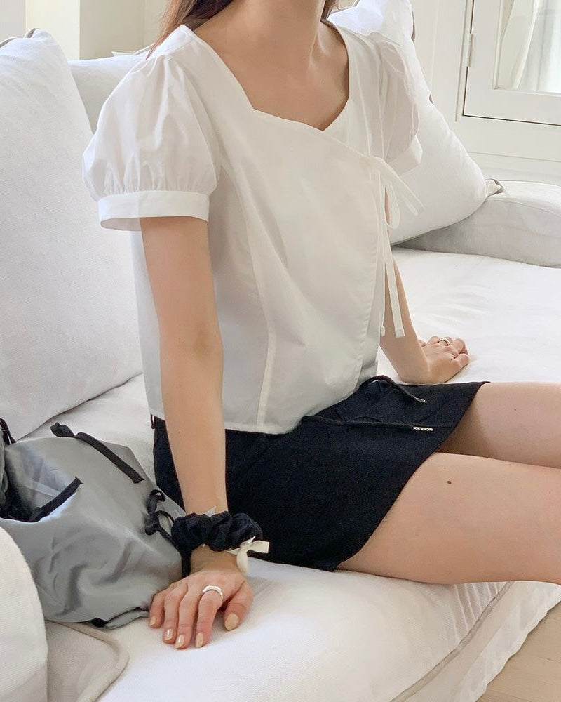 Heart-Neck Ribbon Cotton Blouse