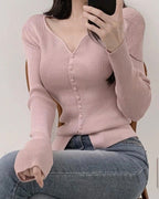 Heart-Neck Ribbed Knit Top