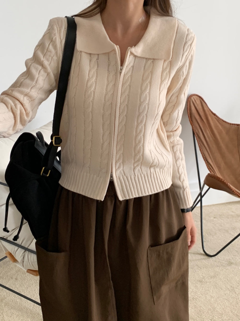 Cable Knit Zip-Up Cardigan