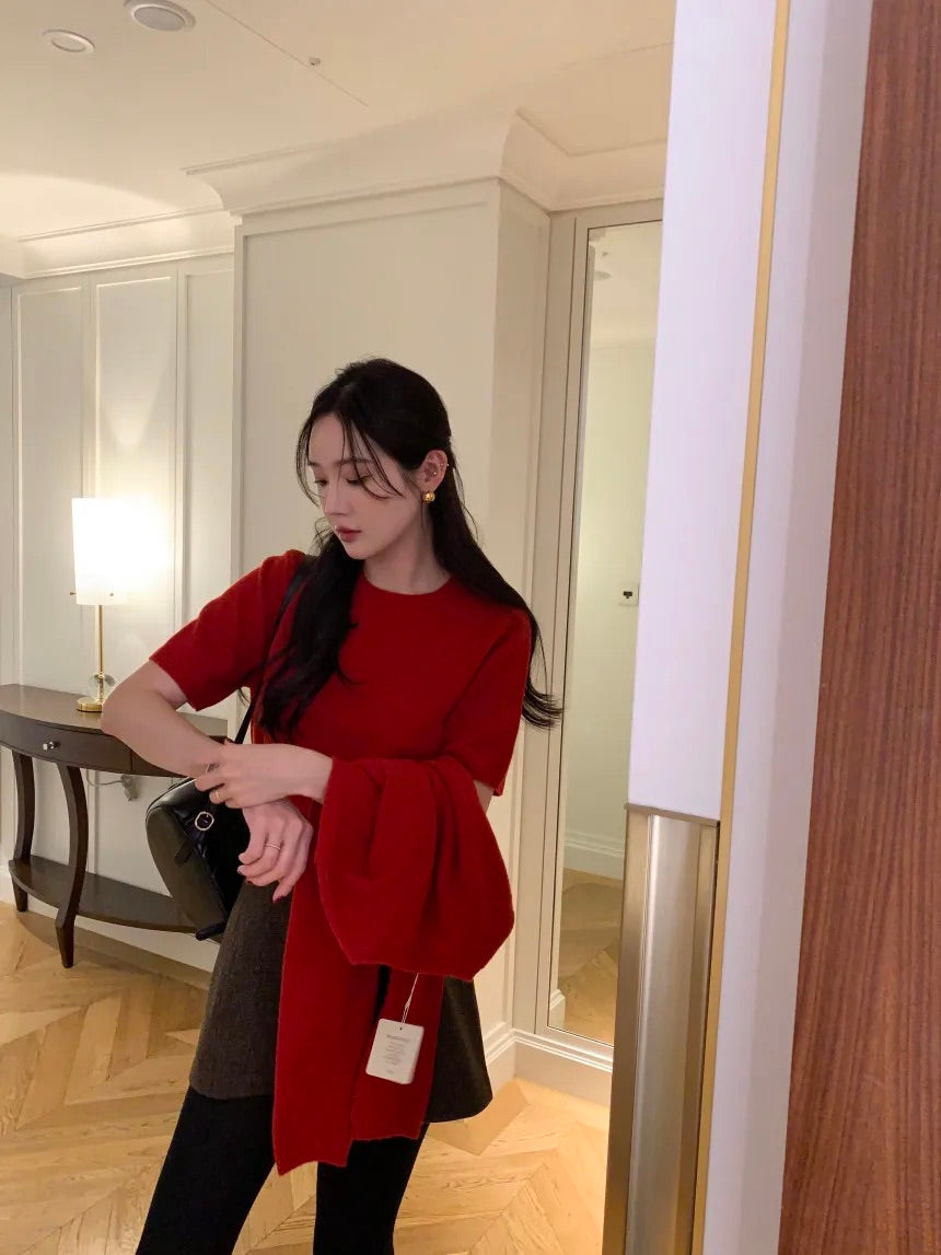 Knitted Short-Sleeves Cardigan Set