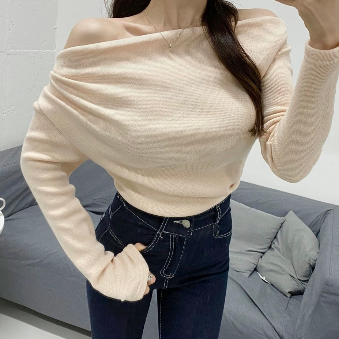 Shirring Off-Shoulder Long Sleeve