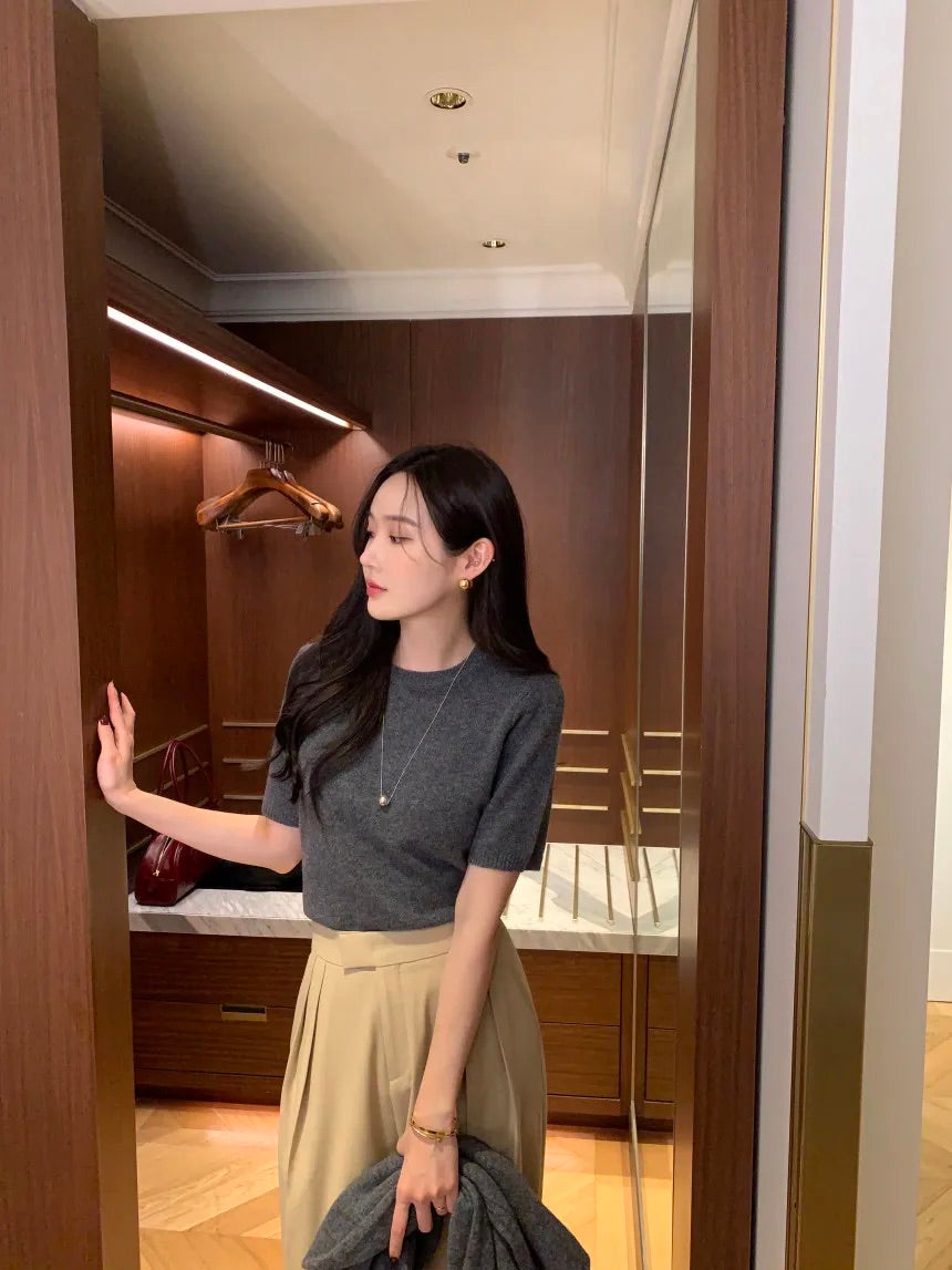 Knitted Short-Sleeves Cardigan Set