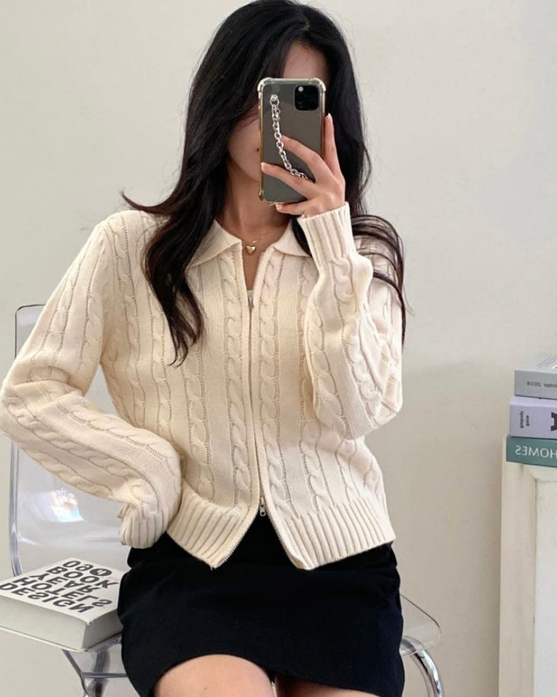 Cable Knit Zip-Up Cardigan