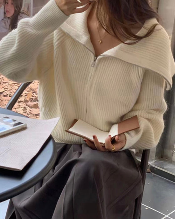 Sailor Collar Knitted Zip-Up