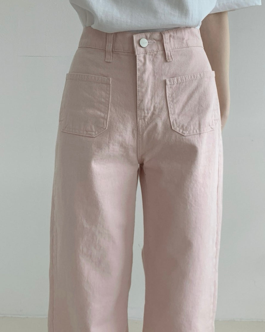 Pocket Back-Band Wide Cotton Pants
