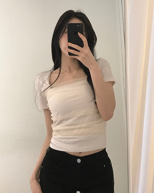 [ Sale Excluded ] Mesh Square-Neck Top